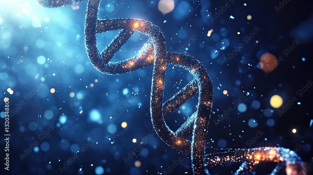 Poster glowing dna double helix with floating luminous particles on a futuristic medical background