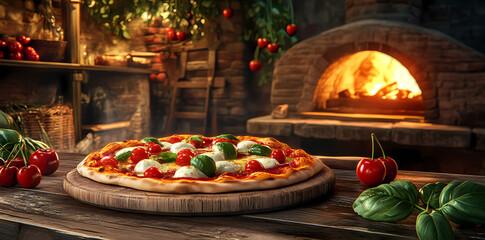 Artisan Pizza Delight: A mouthwatering pizza sits in the foreground, capturing the warm glow of an inviting wood-fired oven with tomatoes and basil