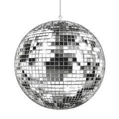 silver disco ball hanging on white background