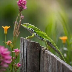 Fototapeta premium Sunlit Rest: The Green Anole’s Calm Perch on a Wooden Fence