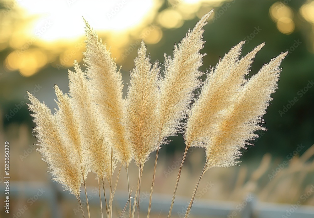 Poster soft golden pampas grass in sunset light creating a serene natural atmosphere with bokeh background 