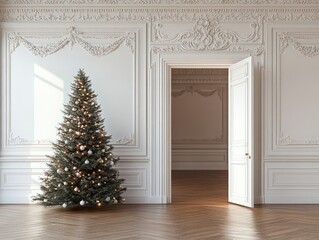 Fototapeta premium Minimalist Christmas scene with decorated tree and open door in neoclassical interior