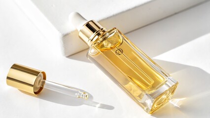Luxury Body Oil Bottle with Dropper and Golden Liquid, Isolated on a White Background Ideal for high-end skincare branding, spa product promotions, and beauty photography. 