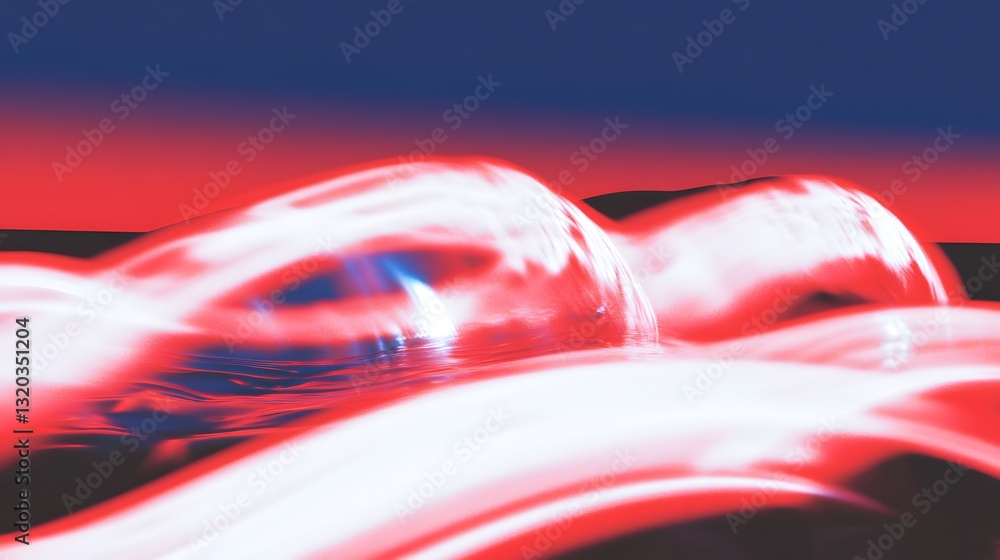 Poster red and white flowing abstract shapes against a colorful gradient background
