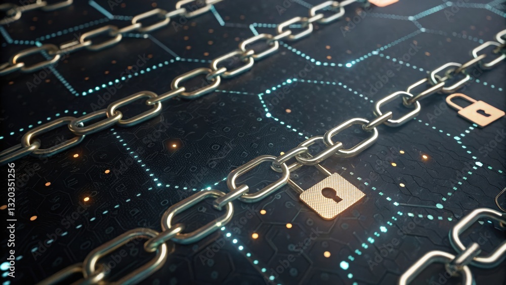Poster strong chain with a lock symbolizing the principles of blockchain technology and its security featur