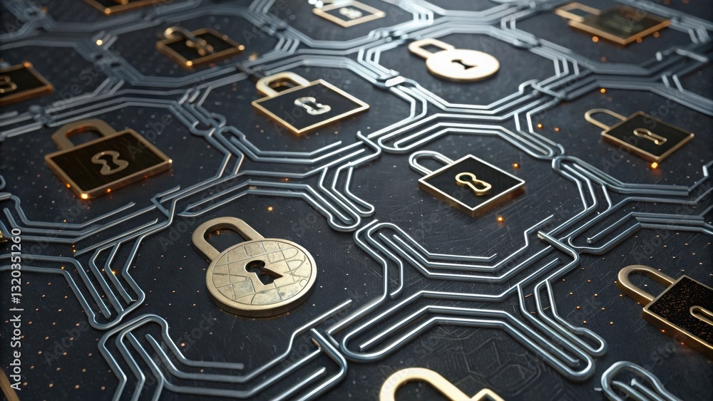 Poster secure padlock resting on a circuit board representing the concepts of blockchain and encryption
