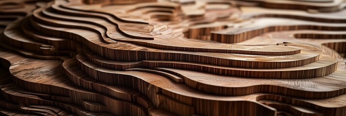 Layered wood topographic art model with rich textures and earthy tones. AI generated