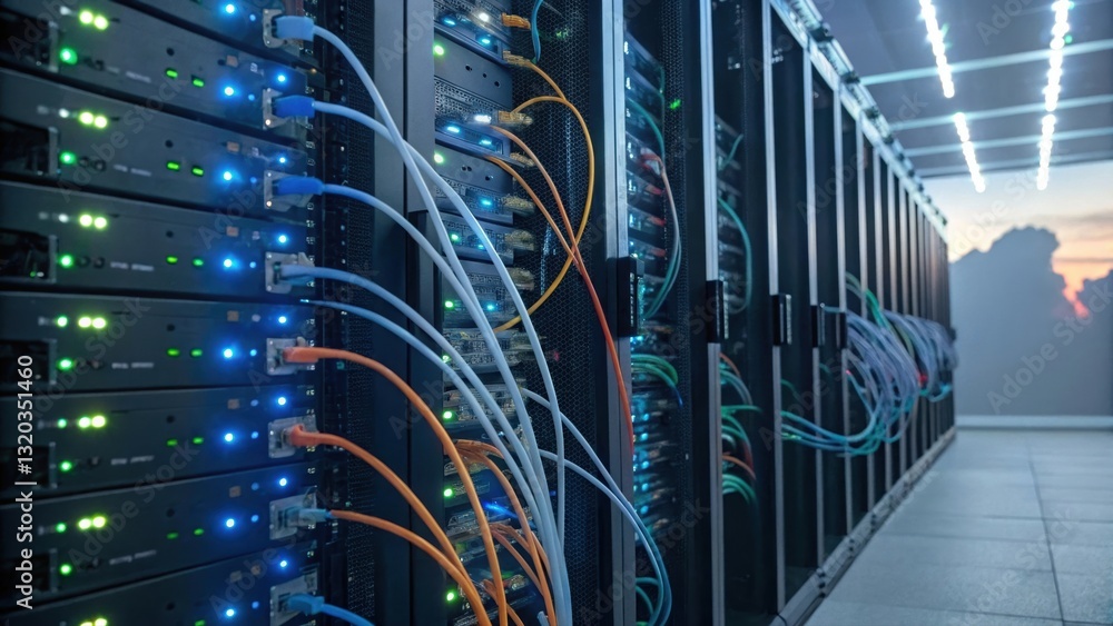 Poster server with multiple cables connected in a complex network for data flow and cloud computing operati