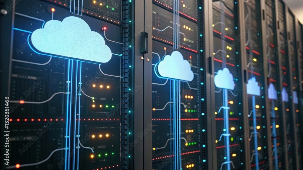 Poster extensive server room housing multiple servers configured for optimal performance and data managemen