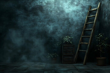 Moody atmospheric image of a rustic wooden ladder leaning against a textured teal wall, complemented by potted plants and a vintage wooden chest.