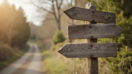 Naklejka premium A rustic wooden signpost with three arrow-shaped planks pointing in different directions, against a blurred landscape.