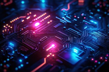 Glowing circuit board, pink and blue hues. Ideal for tech, AI, and futuristic designs.