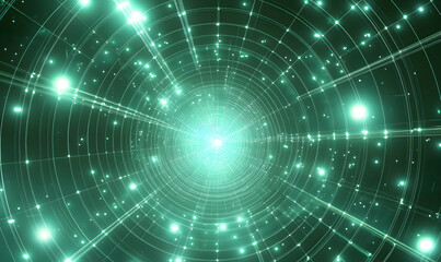 Obraz premium Abstract green digital tunnel, glowing lights, futuristic network, data flow, technology background, high-tech design.