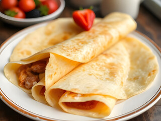 Delicious Crepes with Caramelized Filling, Strawberries, and Berries on a Plate. Healthy breakfast or dessert.