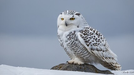 Fototapeta premium Majestic Snowy Owl Resting on a Rock in a Winter Wonderland, With Snowflakes Gently Falling Around It