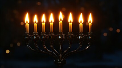 A classic menorah with nine bright candles illuminating the dark background, symbolizing Hanukkah traditions.