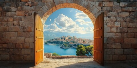 Obraz premium Rustic archway gateway view ancient cityscape under cloudy sky stone doorway Jerusalem