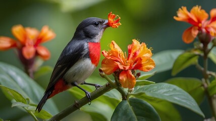 Vibrant Flower pecker Perched on a Bright Bloom in a Sunlit Lush Garden