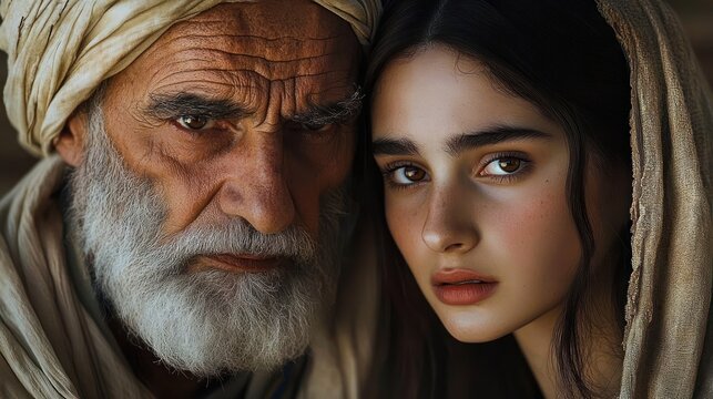 Elderly Man Gives Comfort to Young Woman in Traditional Middle Eastern Attire Expressing Grief and Guidance