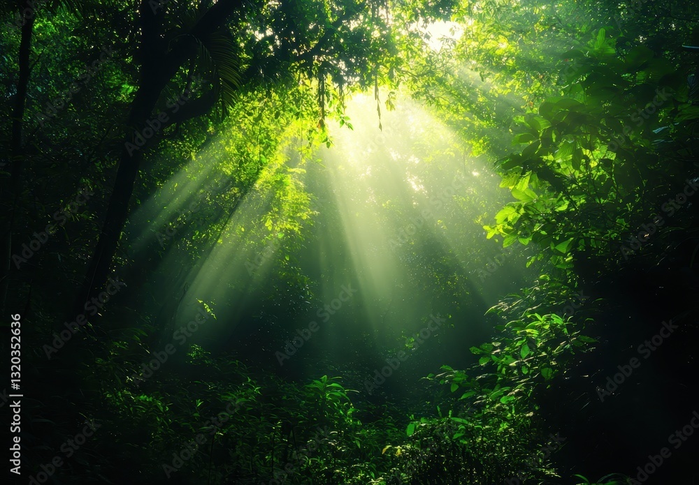 Poster sunlight breaking through canopy in lush green forest with beautiful rays of light illuminating dens