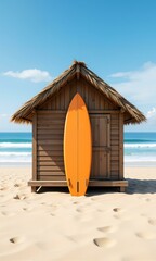 Beach hut with surfboard on sandy beach.