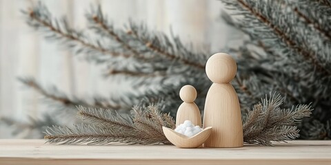 Scandinavian Minimalist Wooden Nativity Scene for Christmas Celebration with Soft Natural Light and Pine Background