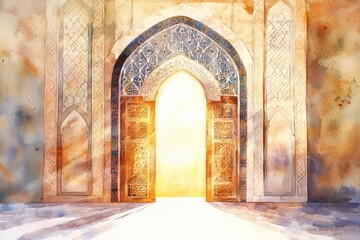 Fototapeta premium Watercolor painting of a tall Islamic window arch with gentle light rays shining inside. The patterns in the arch create a peaceful and serene