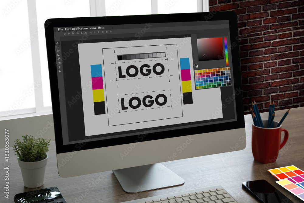 Fototapete graphic designer using a tablet and computer to create a brand logo with a colour palette in illustr