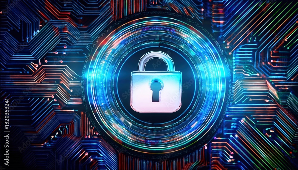 Poster a padlock on a circuit representing cybersecurity with a seamless pattern and holographic shield eff