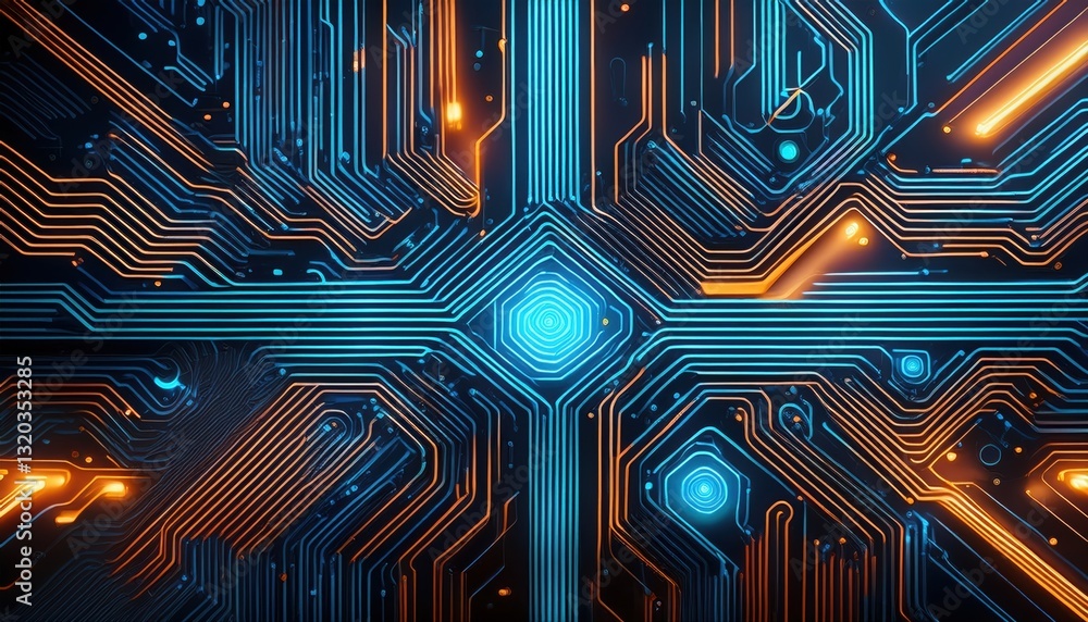 Poster a futuristic circuit board with glowing blue and orange lights creating an intricate electronic path