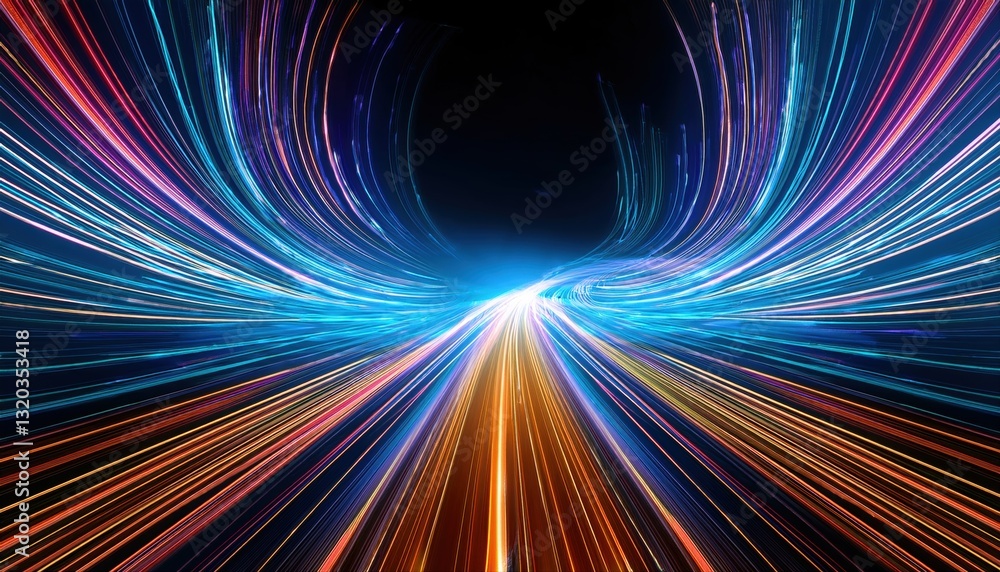 Poster mesmerizing tunnel of colorful light streaks creating a seamless pattern of glowing data streams