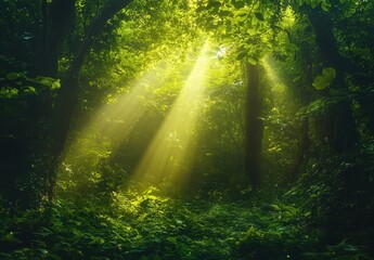 Obraz premium Sunlight Filters Through Dense Green Canopy in Lush Forest Creating a Magical Atmosphere of Nature's Splendor and Tranquility in a Peaceful Wilderness