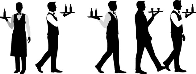 Set of waiter in restaurant silhouette vector on white background
