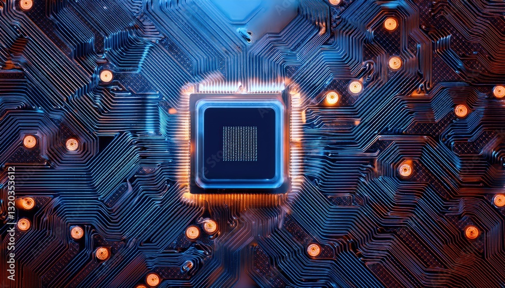 Poster Detailed cpu on a circuit board highlighting microchip components and glowing transistor design