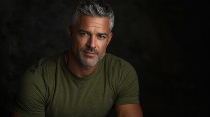 Obraz premium An attractive, muscular man in his late thirties, wearing a green t-shirt, generative AI