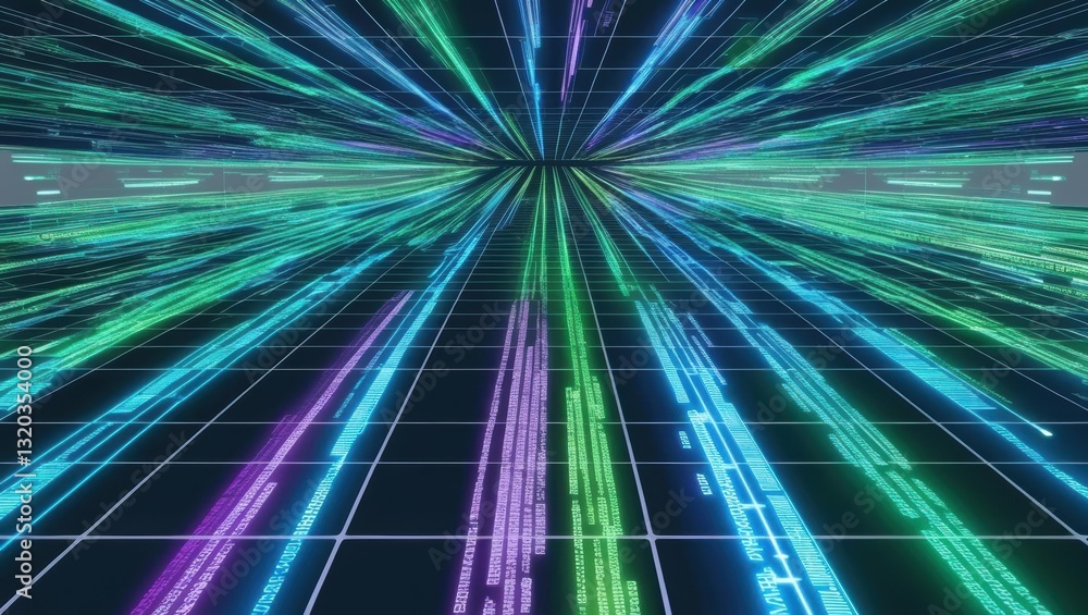 Poster tunnel of holographic data streams in a futuristic grid with pulsating light effects and modern desi