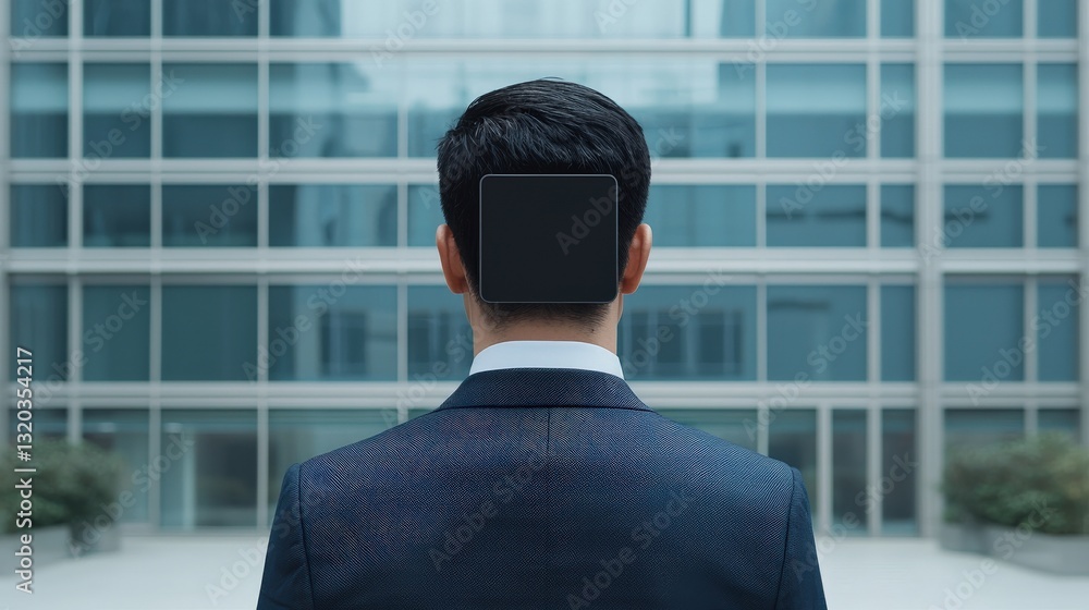 Poster automated efficiency productivity performance concept. businessman facing modern architecture in a p