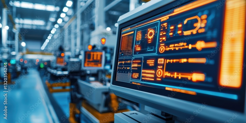 Poster automated efficiency productivity performance concept. industrial control panel in a modern manufact