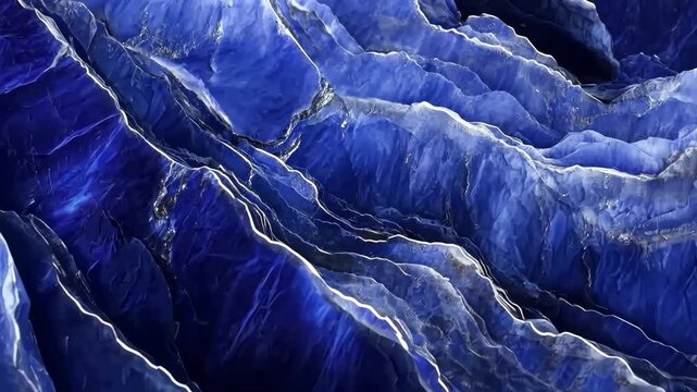 Abstract image of blue Lapis Lazuli crystalline structures resembling jagged mountains mineral pattern texture beauty. Filled stone background for advertising. Macro cinematography.