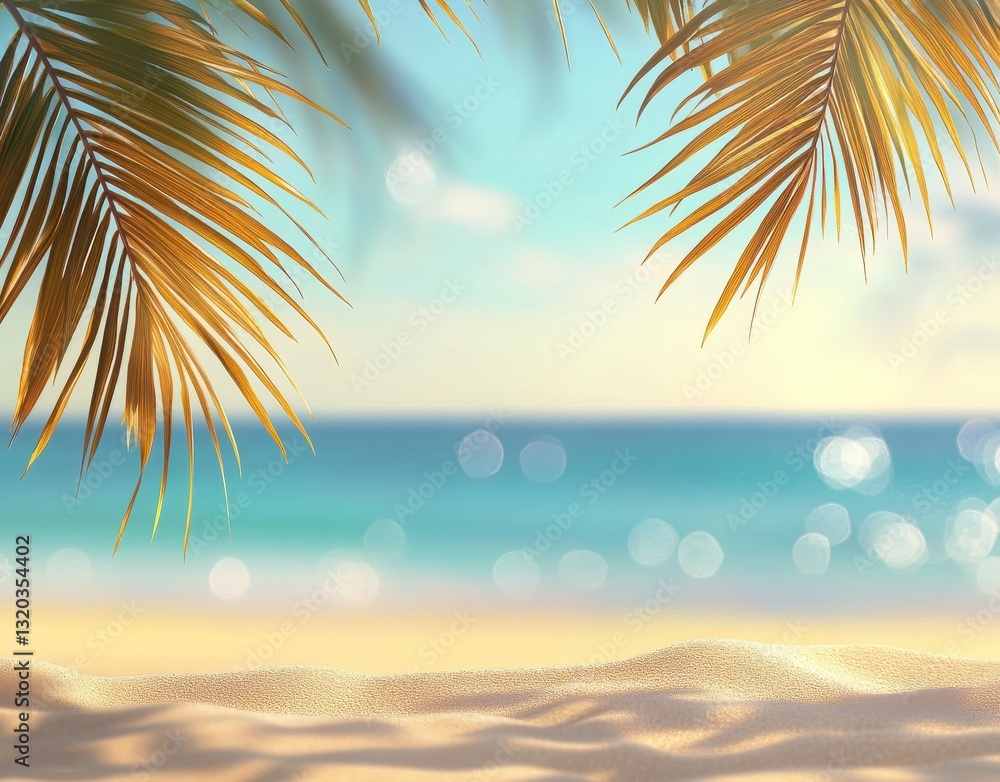 Aufkleber tranquil beach scene with palm tree leaves and soft waves creating a serene ambiance ideal for relax
