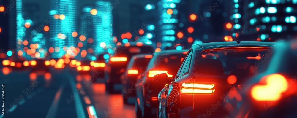 Poster automated efficiency productivity performance concept. nighttime traffic with illuminated cityscape 