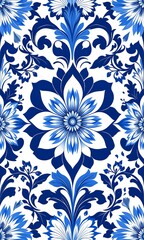Blue and white flowers on wall.