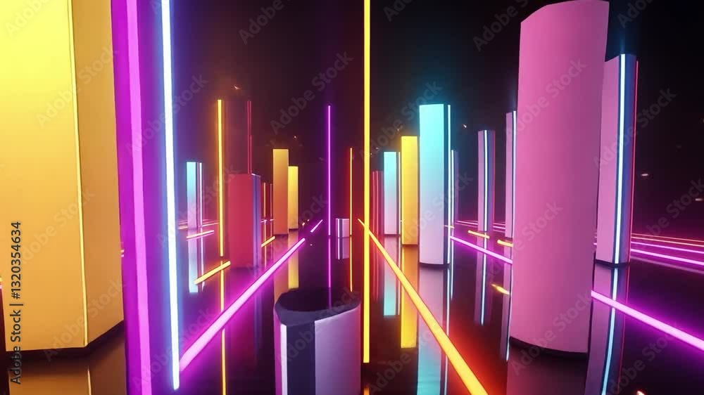 Aufkleber vibrant digital landscape with glowing neon pillars and lines in various colors creating futuristic 