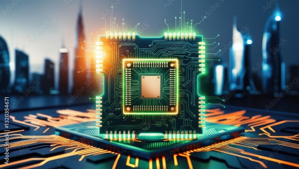 Poster circuit board displaying intricate circuitry against a background of futuristic city lights and desi