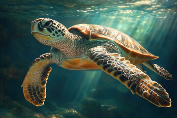 Fototapeta premium Underwater Sea Turtle and Marine Life: Exploring Oceanic Ecosystems