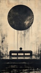 Abstract artwork featuring a large circle above a geometric shape with a textured background.