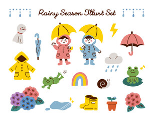 梅雨シーズンのベクター手書きイラストセット