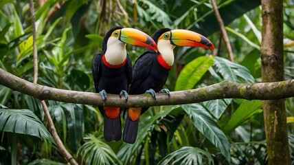 Naklejka premium Two Colorful Toucans Resting on a Branch, Surrounded by the Lush Greenery of the Jungle