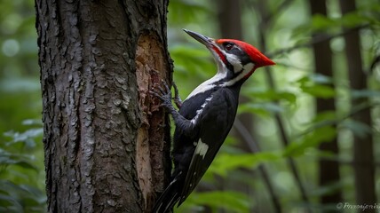 Fototapeta premium Pileated Woodpecker Hammering a Tree in the Forest, Its Dramatic Crest Standing Tall