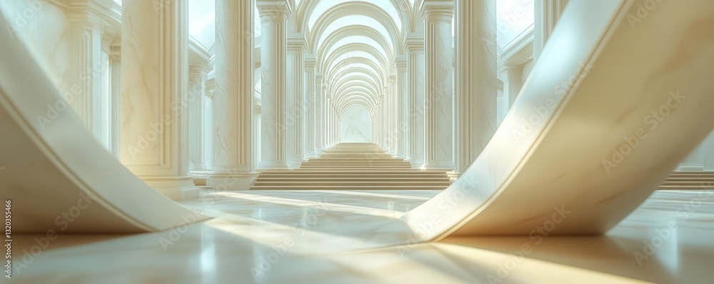 Poster geometric shapes illustration abstract background concept. a serene corridor illuminated by soft lig